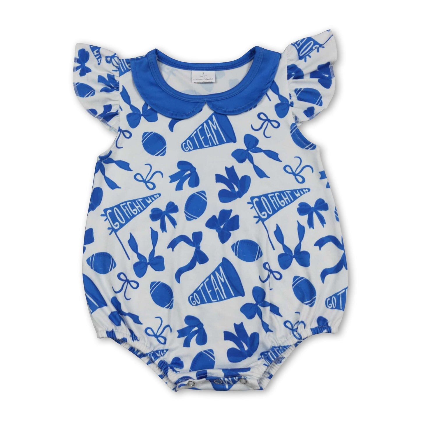 Flutter sleeves football blue bow baby girls team romper