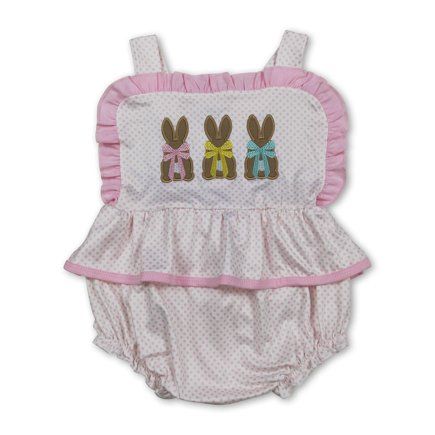 Polka dots bunny bow baby girls embroidery Easter romper