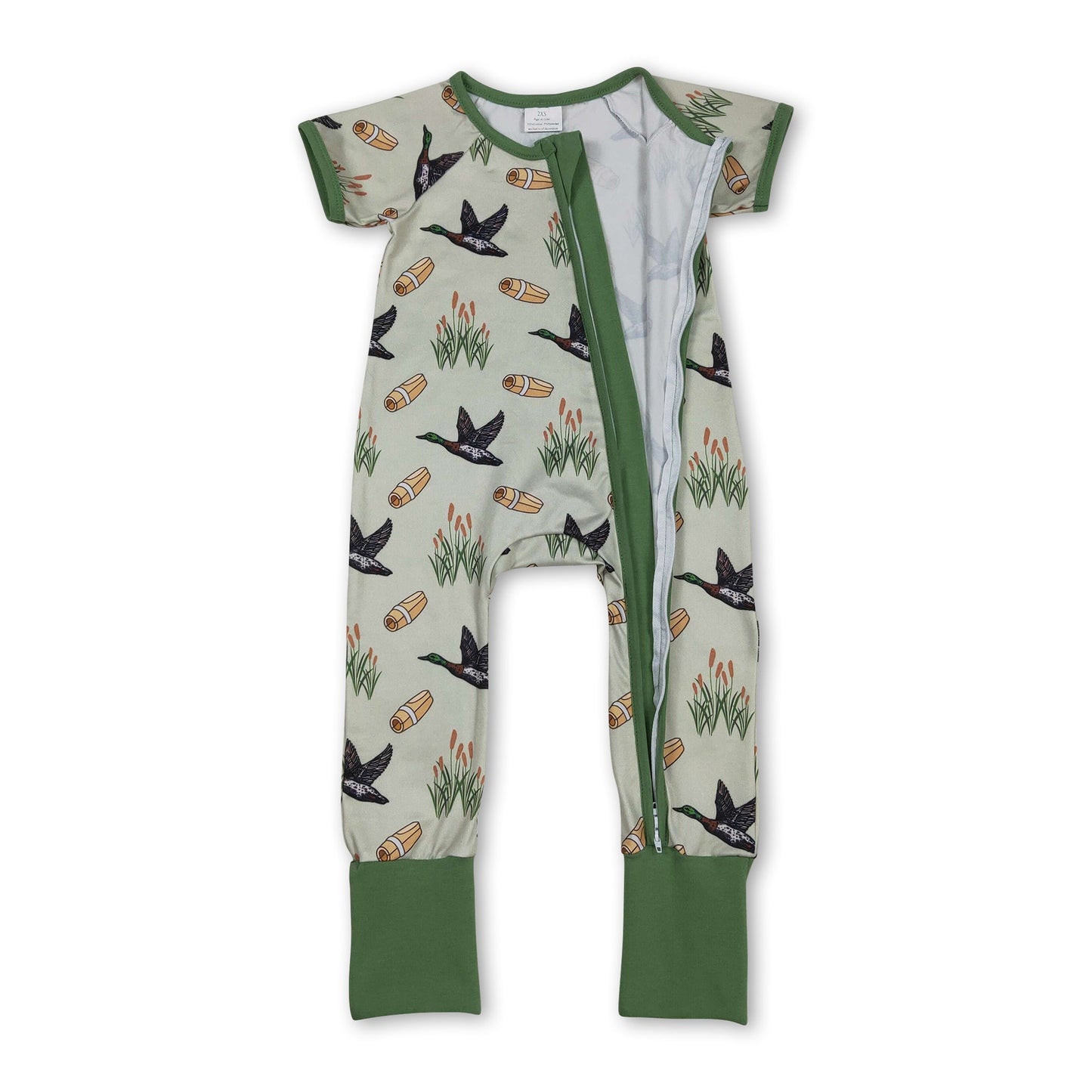 Green short sleeves duck baby boy zipper romper