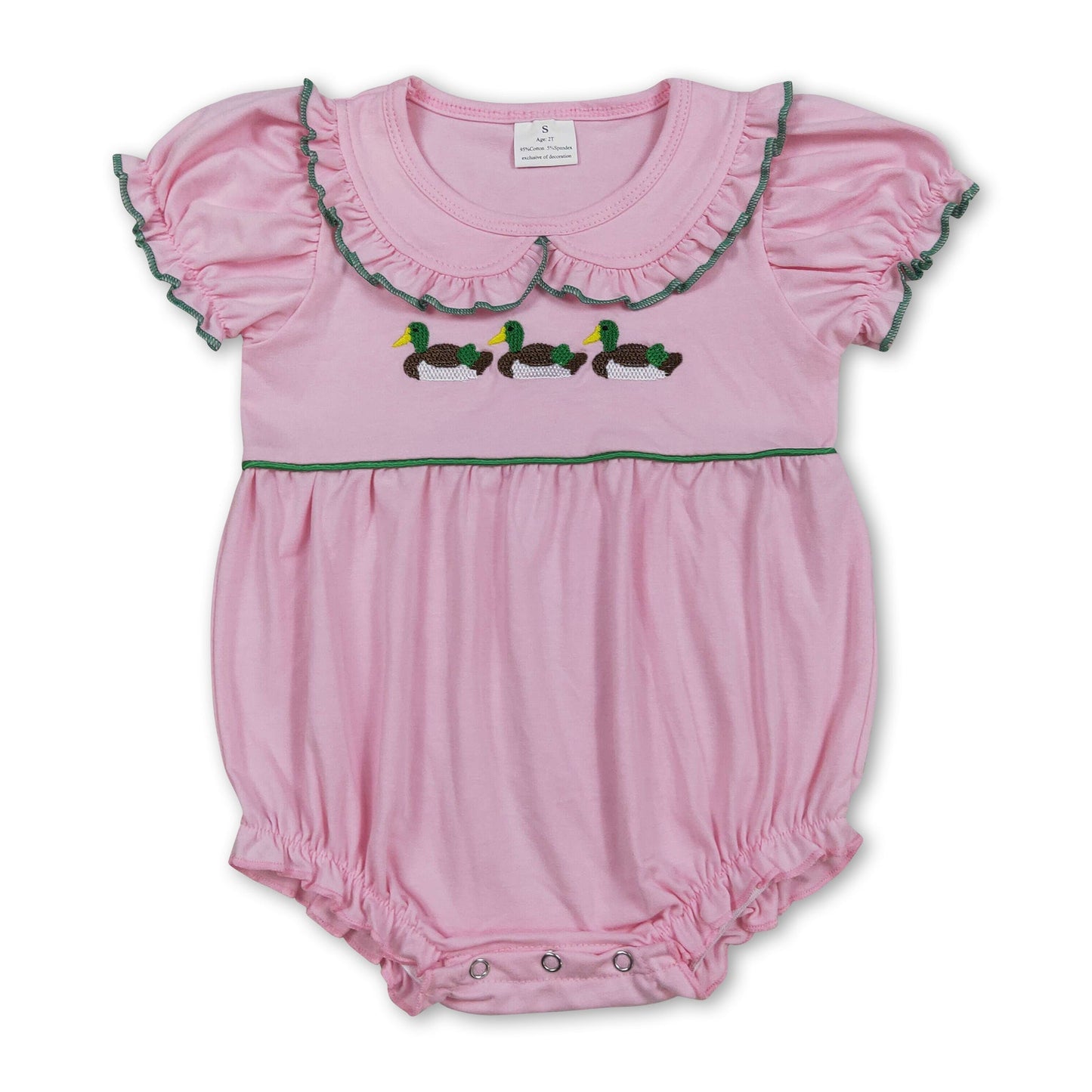 Pink short sleeves duck embroidery baby girls romper