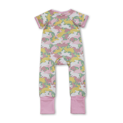 Short sleeves camo rabbit baby girls Easter zipper romper