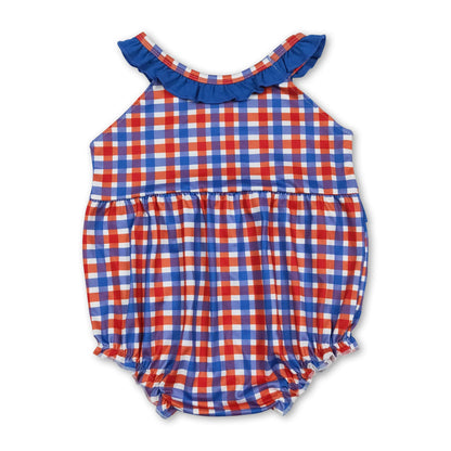 Blue ruffle farm embroidery plaid baby girl romper