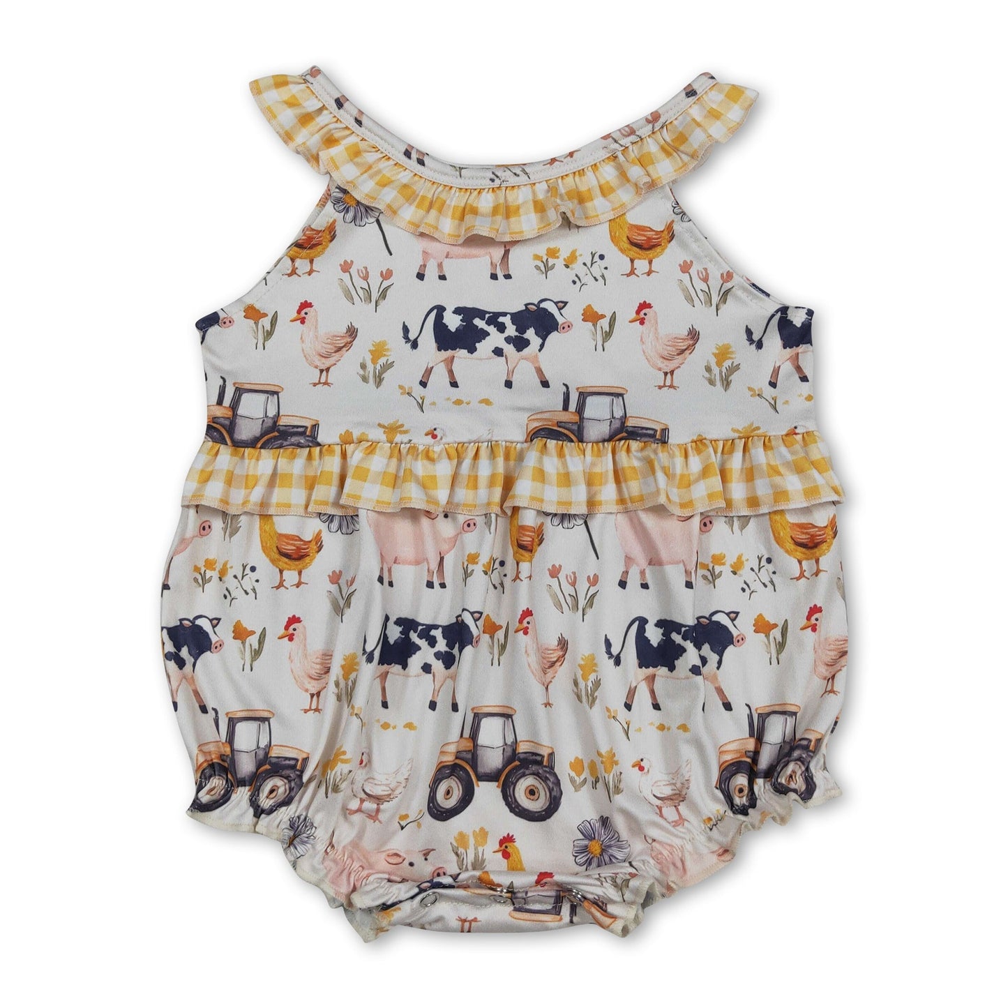 Yellow plaid ruffle sleeveless farm baby girls romper