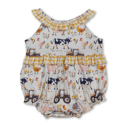 Yellow plaid ruffle sleeveless farm baby girls romper