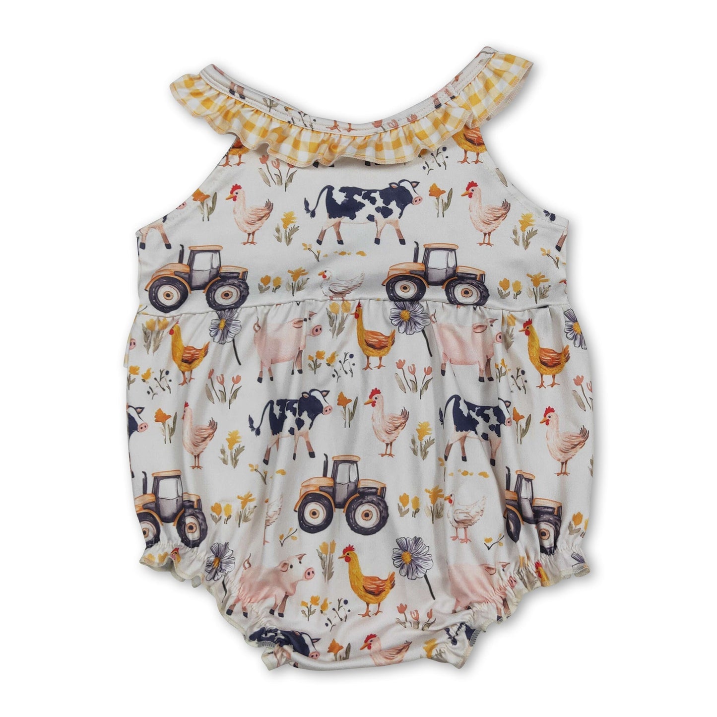 Yellow plaid ruffle sleeveless farm baby girls romper