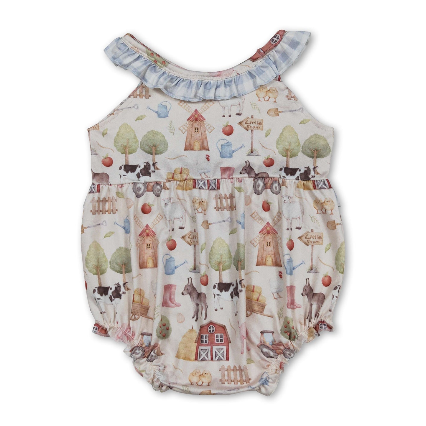 Sleeveless plaid ruffle farm baby girls romper