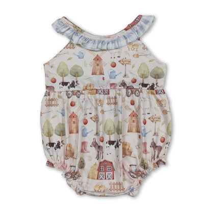 Sleeveless plaid ruffle farm baby girls romper