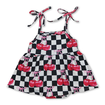 Black Plaid Cherry Bow Baby Girls Summer Romper