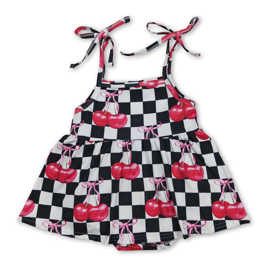 Black Plaid Cherry Bow Baby Girls Summer Romper