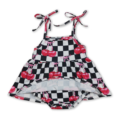Black Plaid Cherry Bow Baby Girls Summer Romper