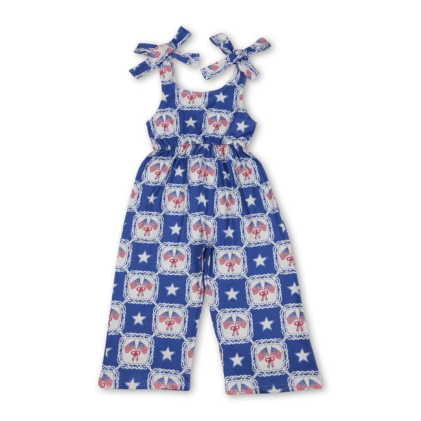 Straps flag bow stars kids girls 4th of july jumpsuit