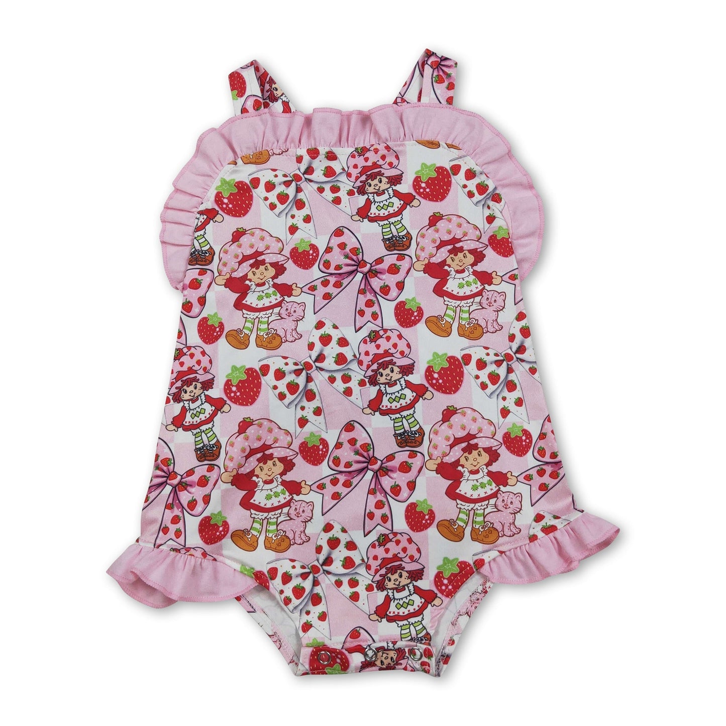 Strawberry bow ruffle straps baby girls summer romper