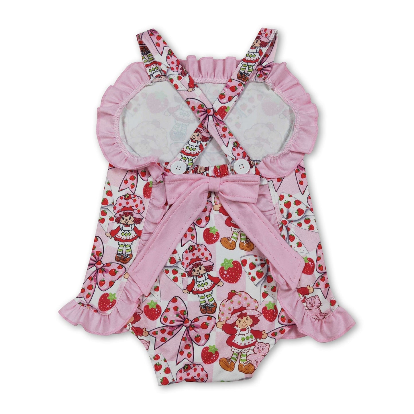 Strawberry bow ruffle straps baby girls summer romper