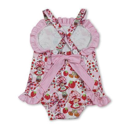 Strawberry bow ruffle straps baby girls summer romper