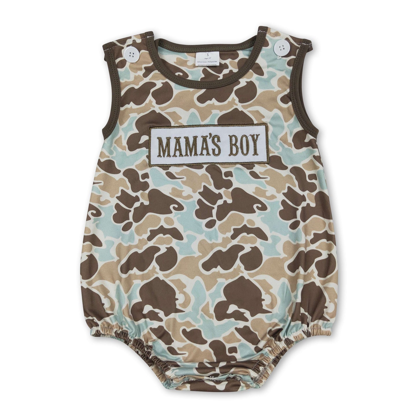 Sleeveless camo mama's boy embroidery baby romper