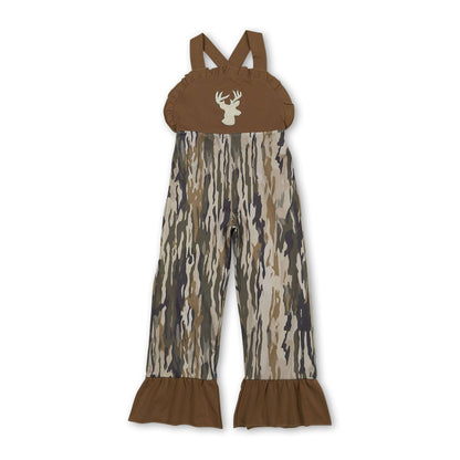 Deer embroidery brown ruffle camo kids girls jumpsuit