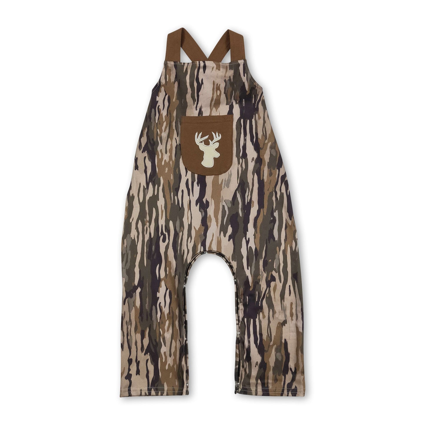 Brown straps deer embroidery pocket camo baby boy jumpsuit