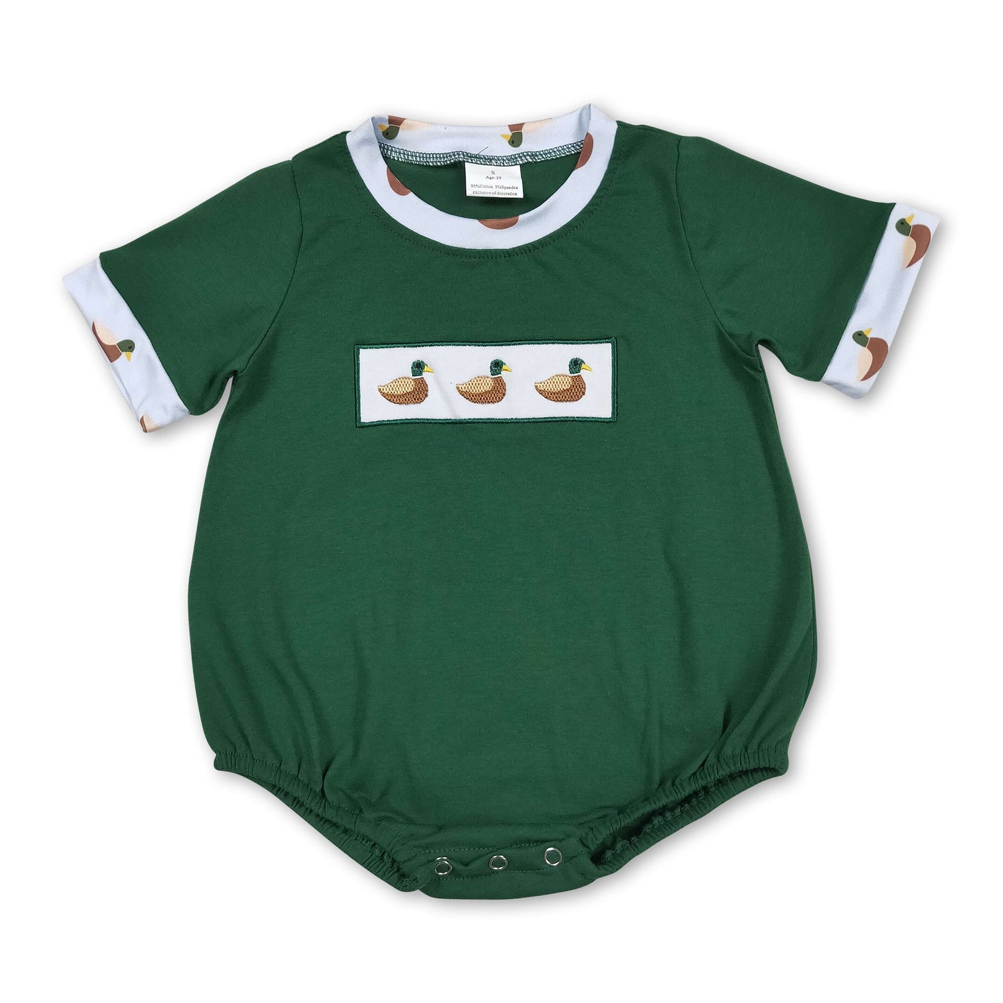 Short sleeves duck embroidery green baby boy summer romper