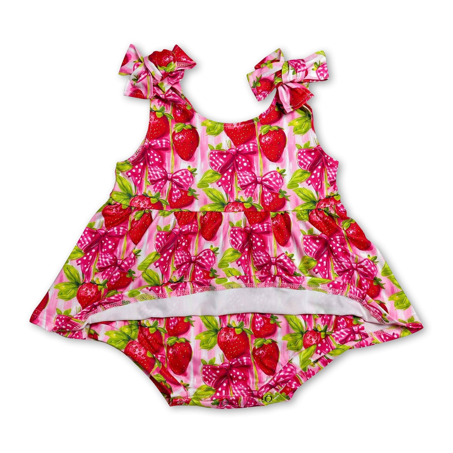 Sleeveless strawberry bow baby girls romper