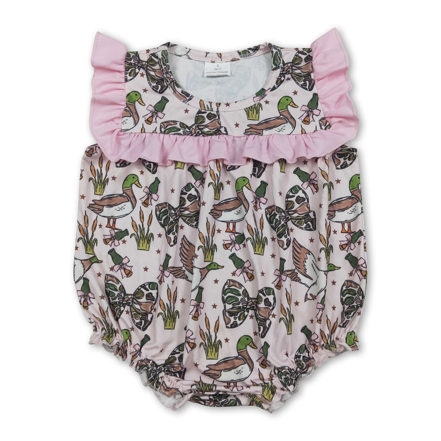 Pink ruffle duck camo bow baby girls summer romper