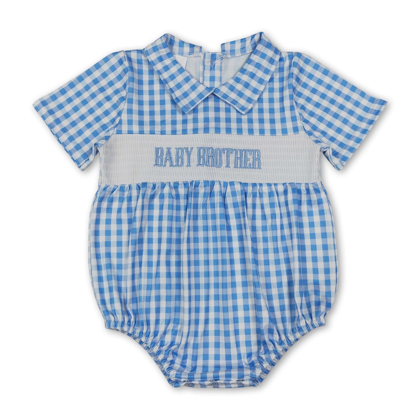 Blue plaid short sleeves baby brother smocked boy romper
