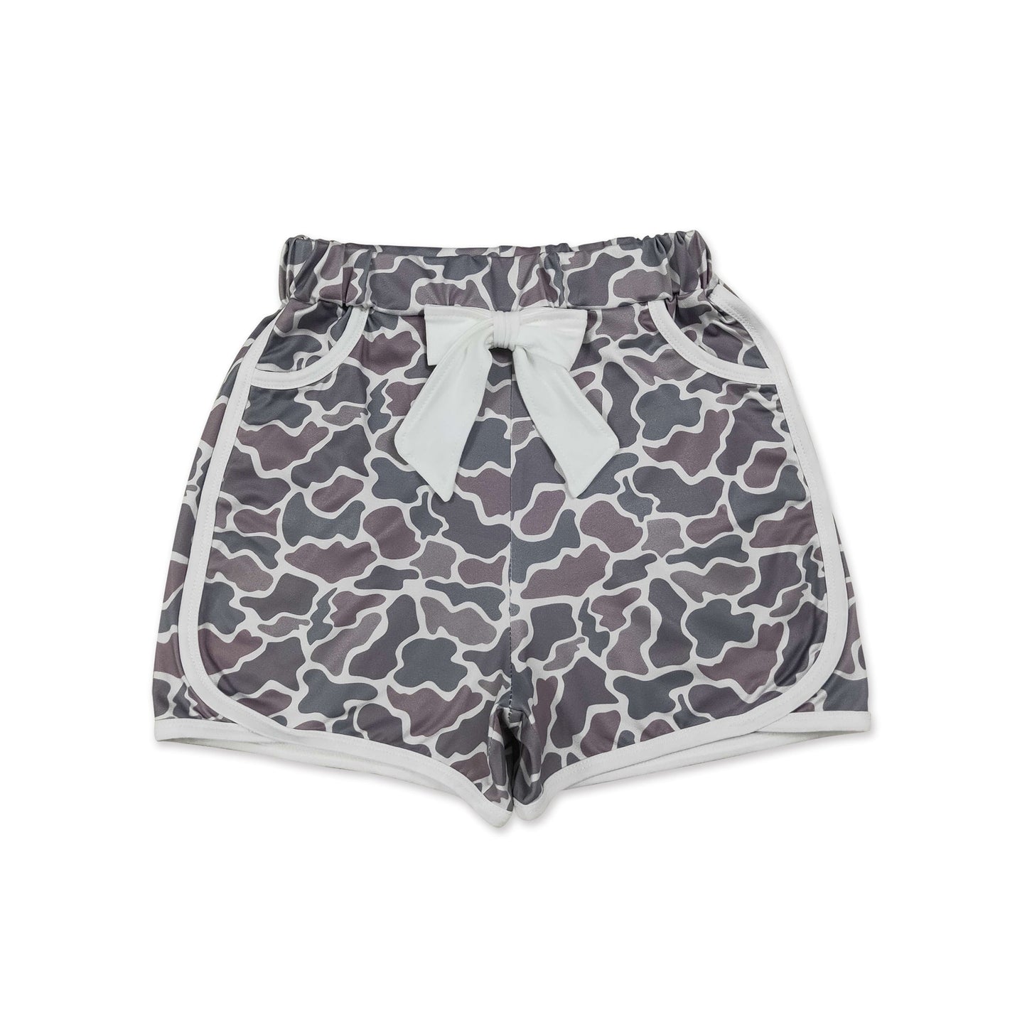 White bow camo pockets kids girls summer shorts