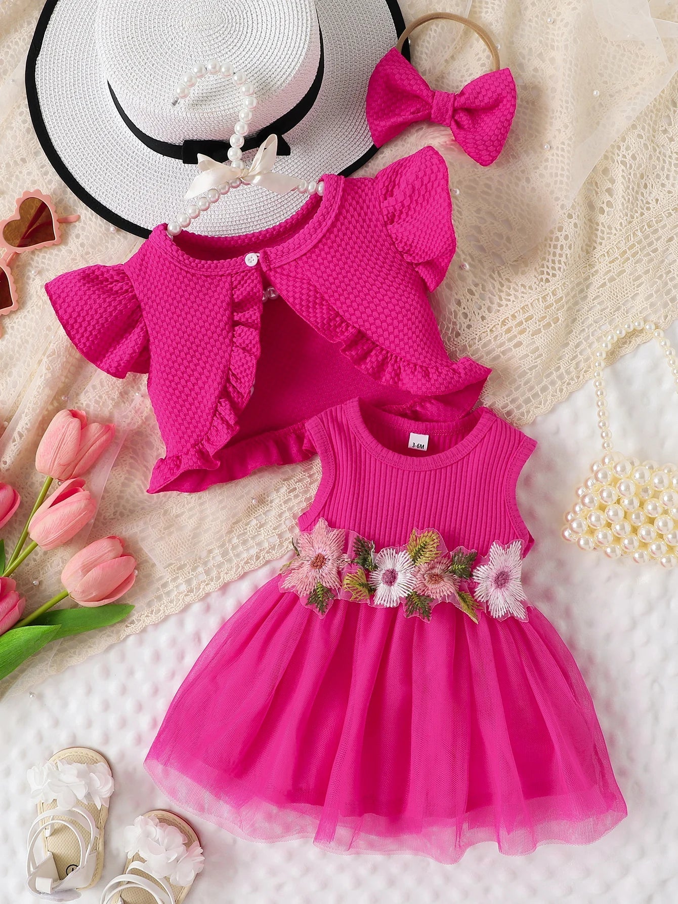 Infant Summer Floral Vest Mesh Dress Jacket Set with Hair Accessories