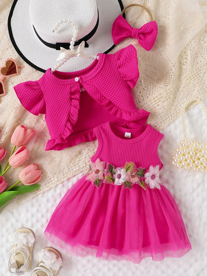 Infant Summer Floral Vest Mesh Dress Jacket Set with Hair Accessories