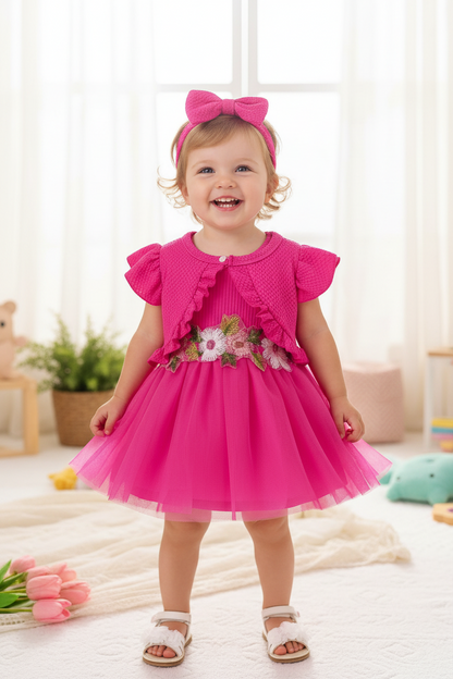 Infant Summer Floral Vest Mesh Dress Jacket Set with Hair Accessories