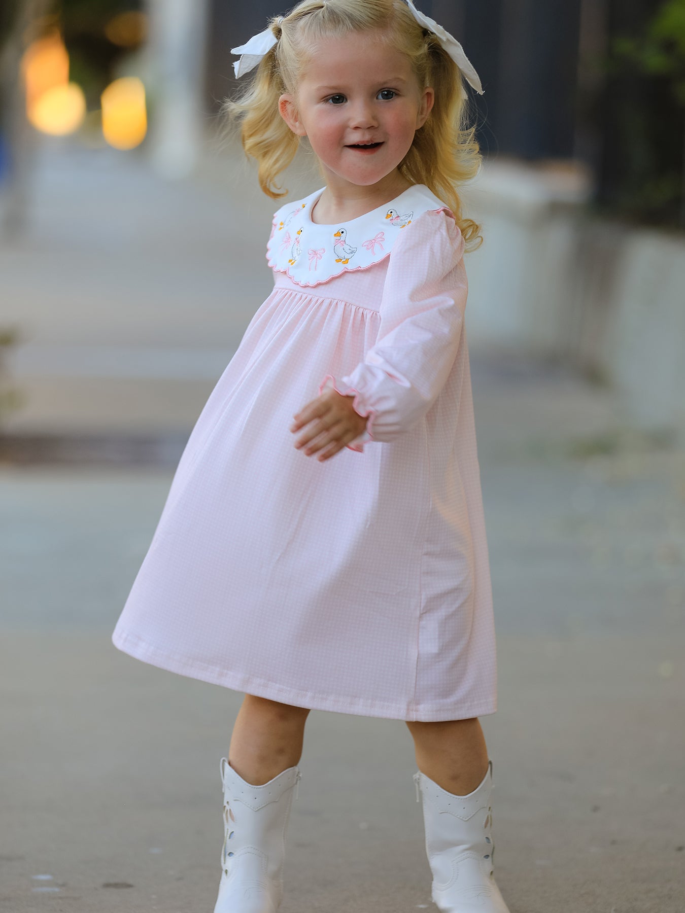 Pink Goose Embroidered Baby Girl Dress Peter Pan Collar Bow Dress