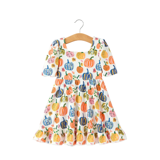 Halloween Pumpkin Print Girls Ruffle Hem Dress