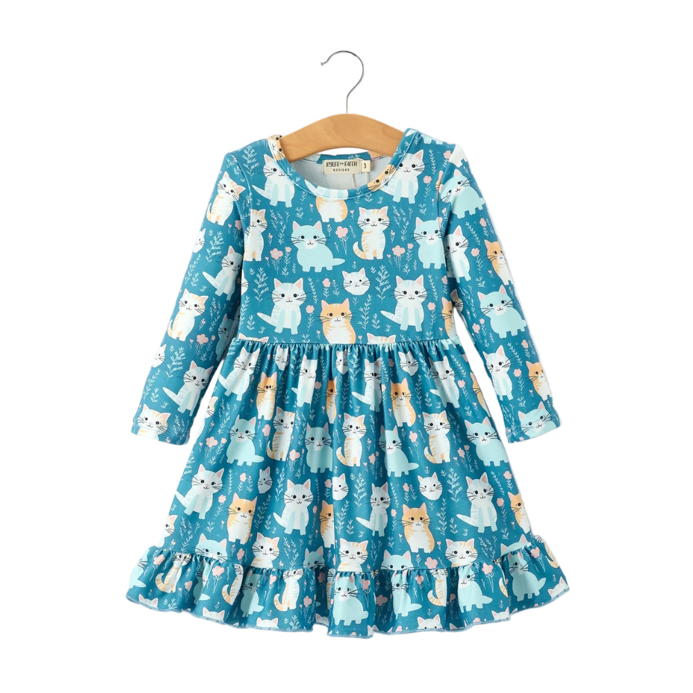 Fall Cat Print Girls Long Sleeve Ruffle Hem Dress
