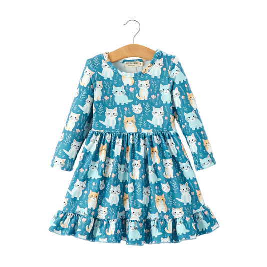 Fall Cat Print Girls Long Sleeve Ruffle Hem Dress