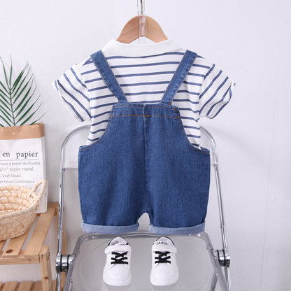 Boys Striped Lapel Denim Dungaree Set 2-Piece