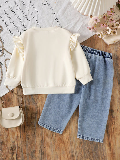 Long-sleeve Bow-print Hoodie Denim Jeans