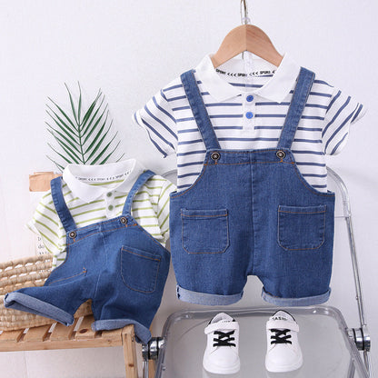 Boys Striped Lapel Denim Dungaree Set 2-Piece