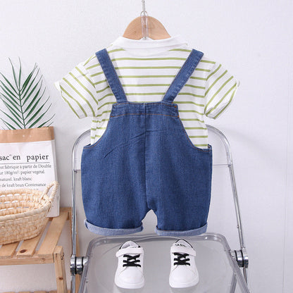 Boys Striped Lapel Denim Dungaree Set 2-Piece