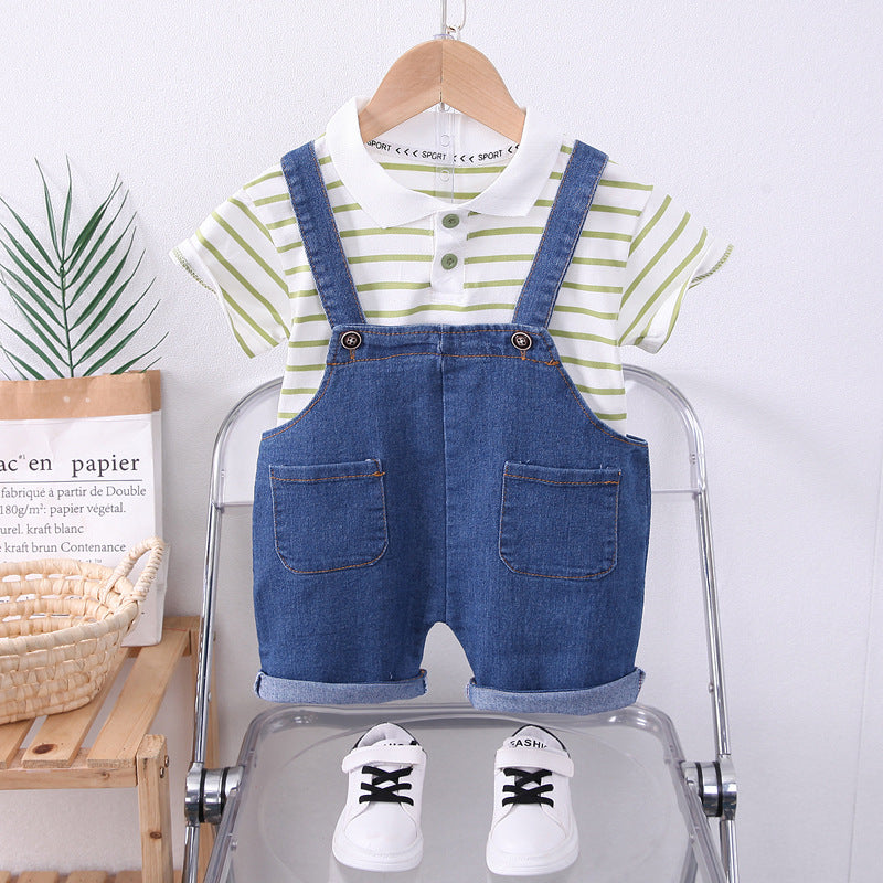 Boys Striped Lapel Denim Dungaree Set 2-Piece