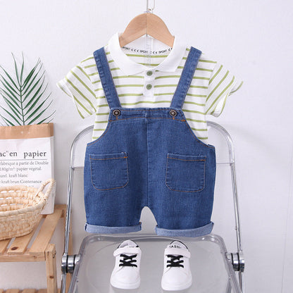 Boys Striped Lapel Denim Dungaree Set 2-Piece
