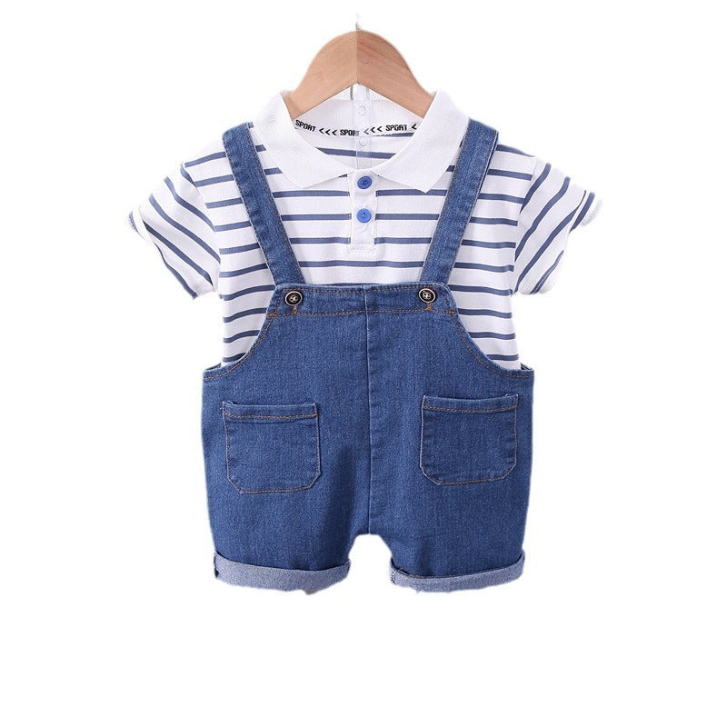 Boys Striped Lapel Denim Dungaree Set 2-Piece