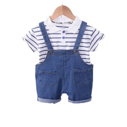 Boys Striped Lapel Denim Dungaree Set 2-Piece