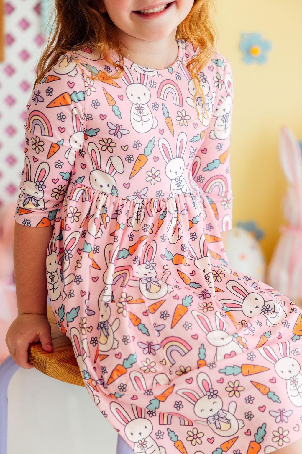 Springtime Bunnies 3/4 Sleeve Pocket Twirl Dress