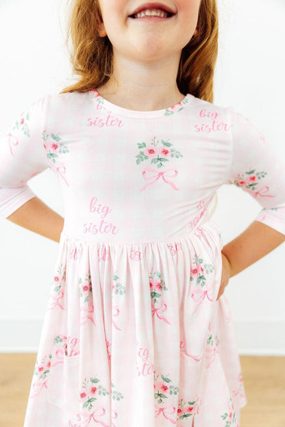 Big Sister Floral 3/4 Sleeve Pocket Twirl Dress
